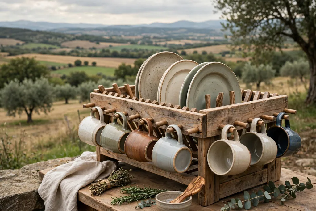 Wooden dish rack with mugs hanging from wooden pegs along the side.