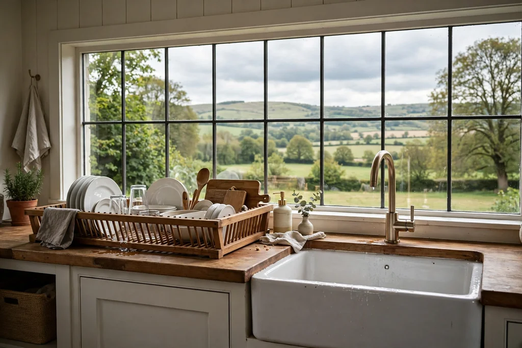 Long low wooden dish rack beside a white farmhouse apron-front sink.