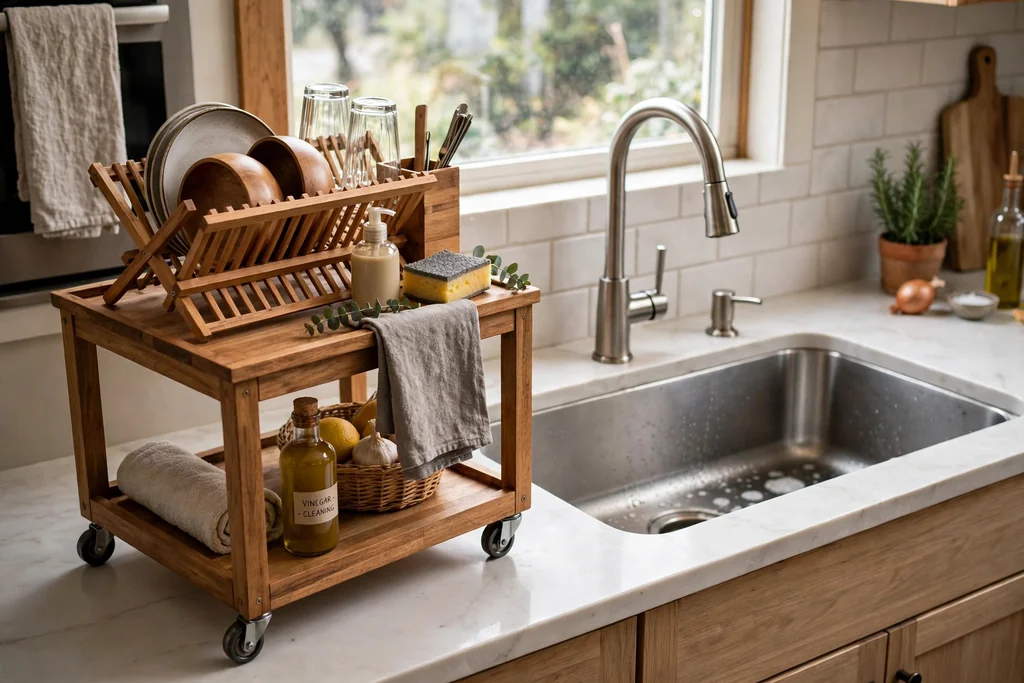 Wooden dish rack on a small rolling cart beside a kitchen sink.