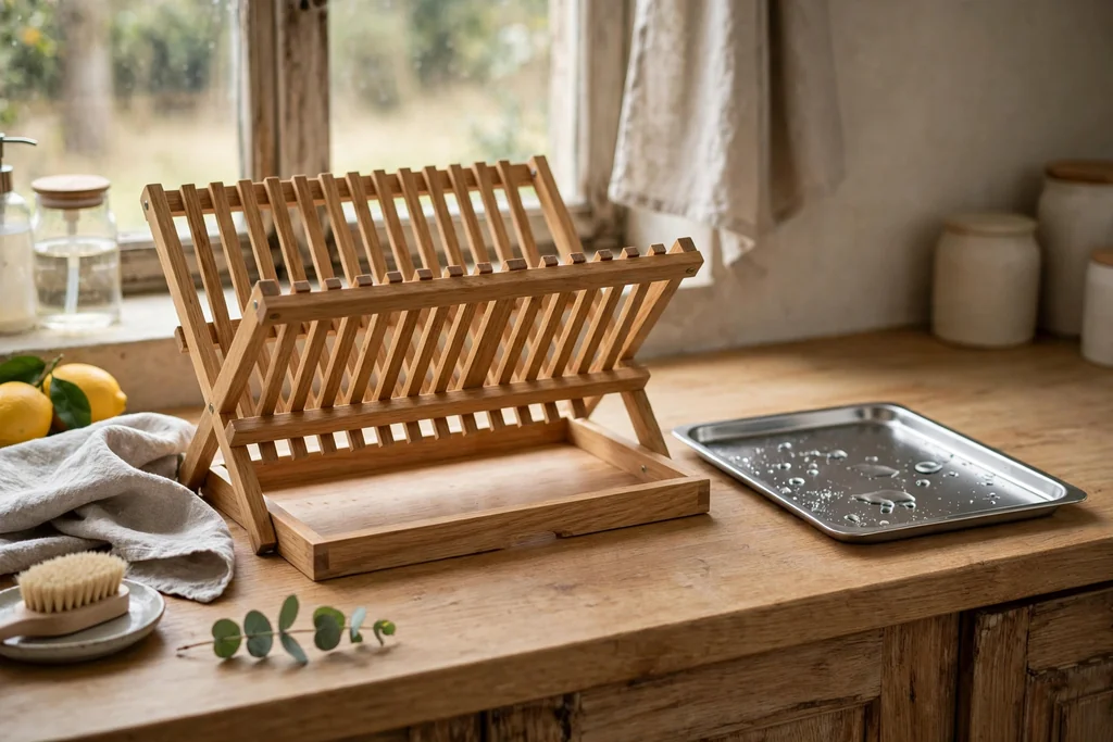 Wooden dish rack with a removable drip tray lifted out beside the rack.