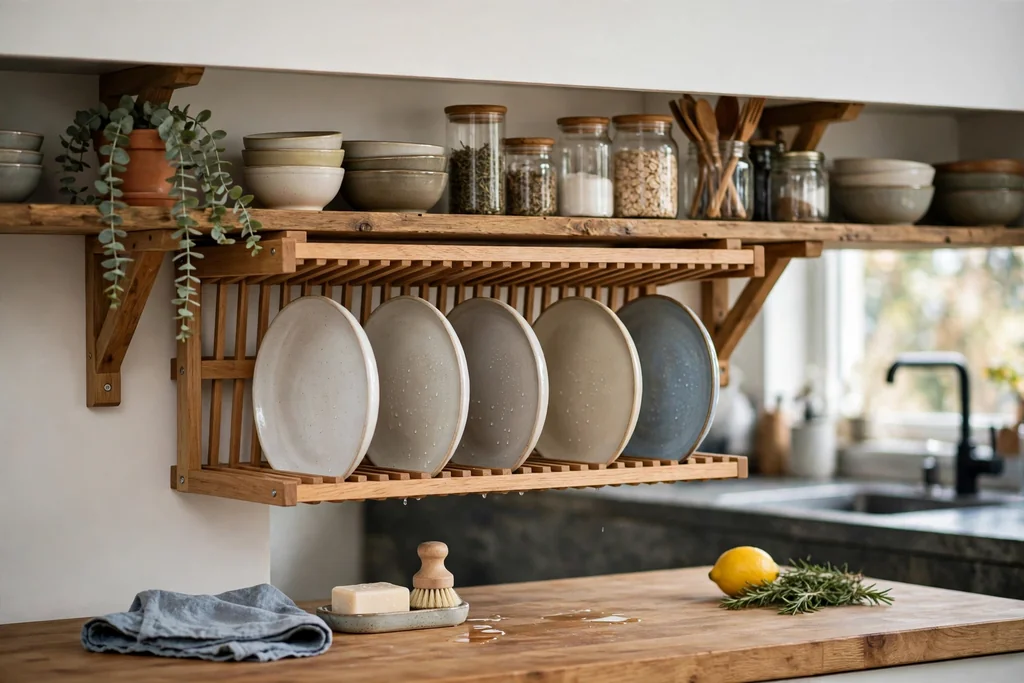 Wooden dish rack mounted under open kitchen shelving with plates drying below the shelf.