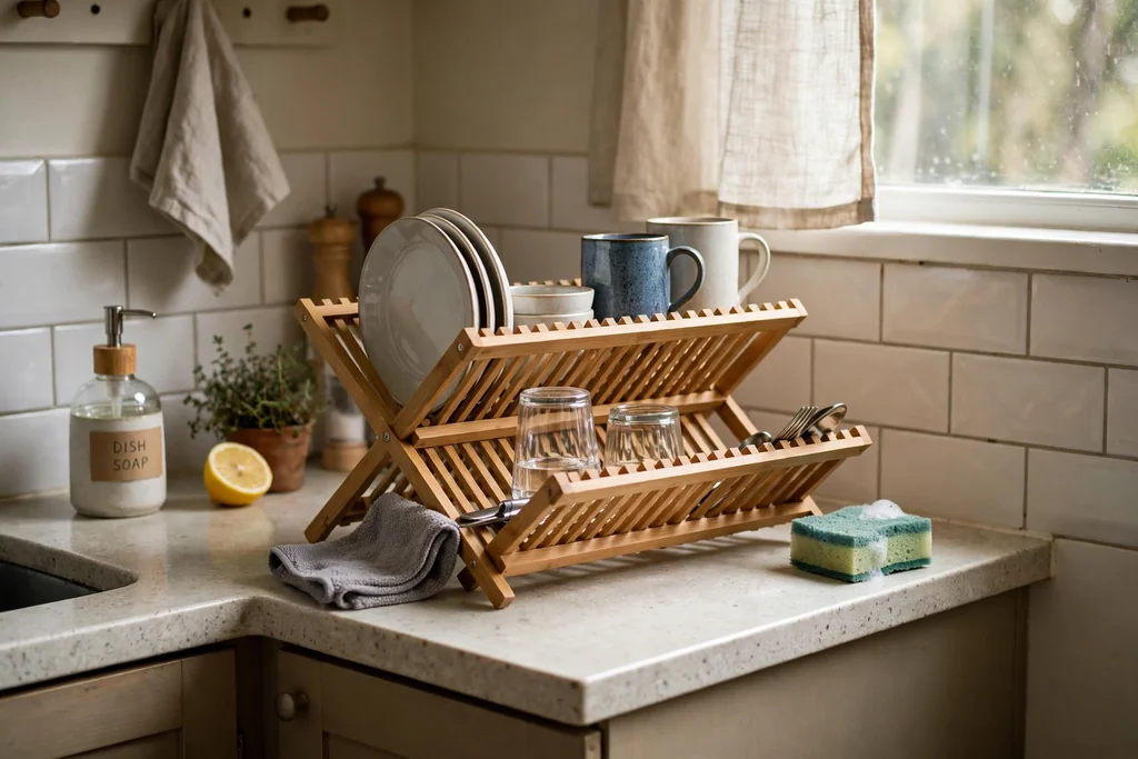 Portable folding wooden dish rack set up on a small kitchen counter.