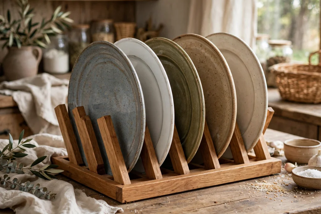 Wooden dish rack with angled dividers holding large platters upright.