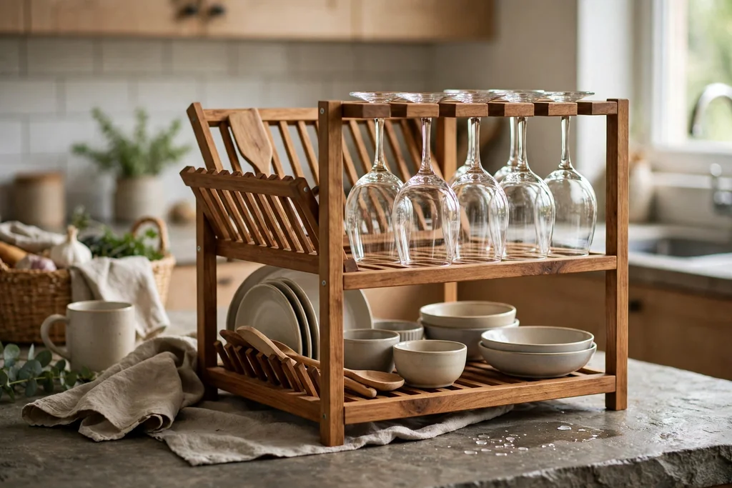 Wooden dish rack with a separate glassware section holding upside-down glasses.