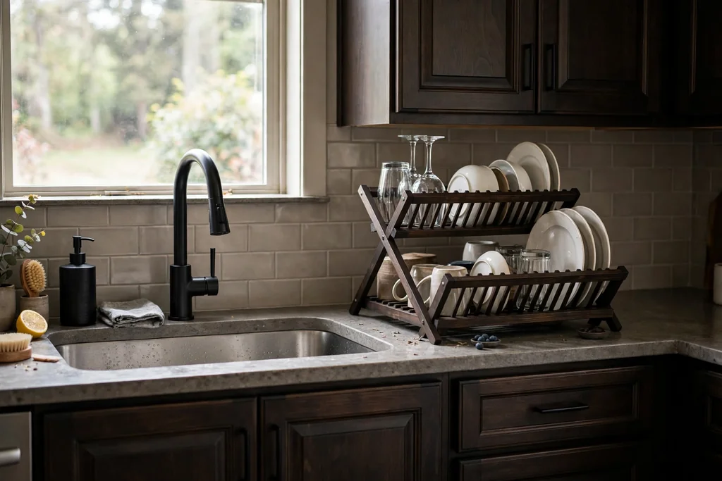 Wooden dish rack stained to match dark kitchen cabinets beside a sink.