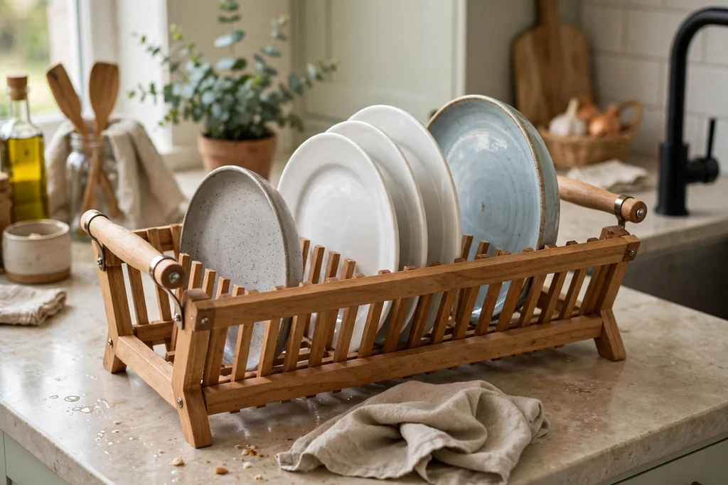 Wooden dish rack with handles at each end on a kitchen counter.