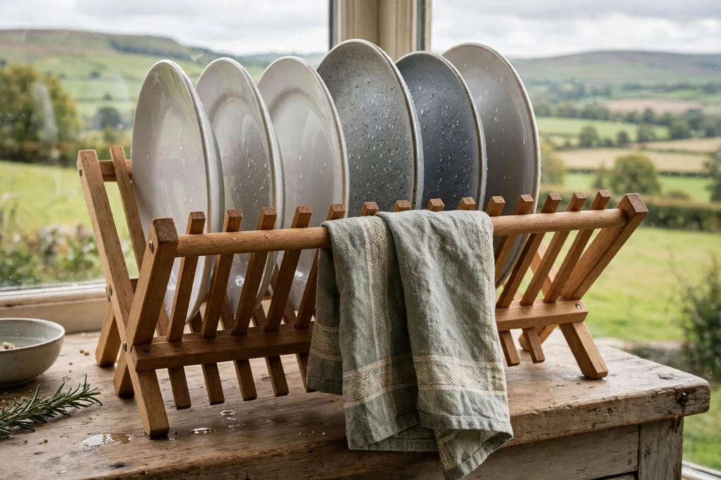 Wooden dish rack with a tea towel hanging on a rail at the front.