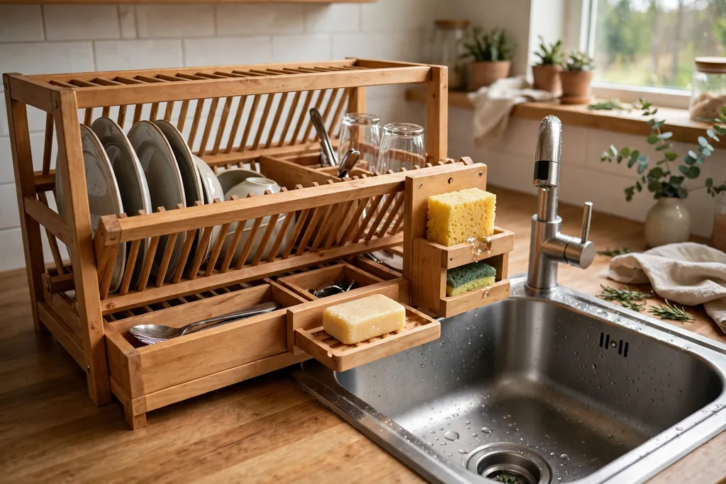 Full wooden drying station with a dish rack, soap dish, and sponge holder beside a sink.