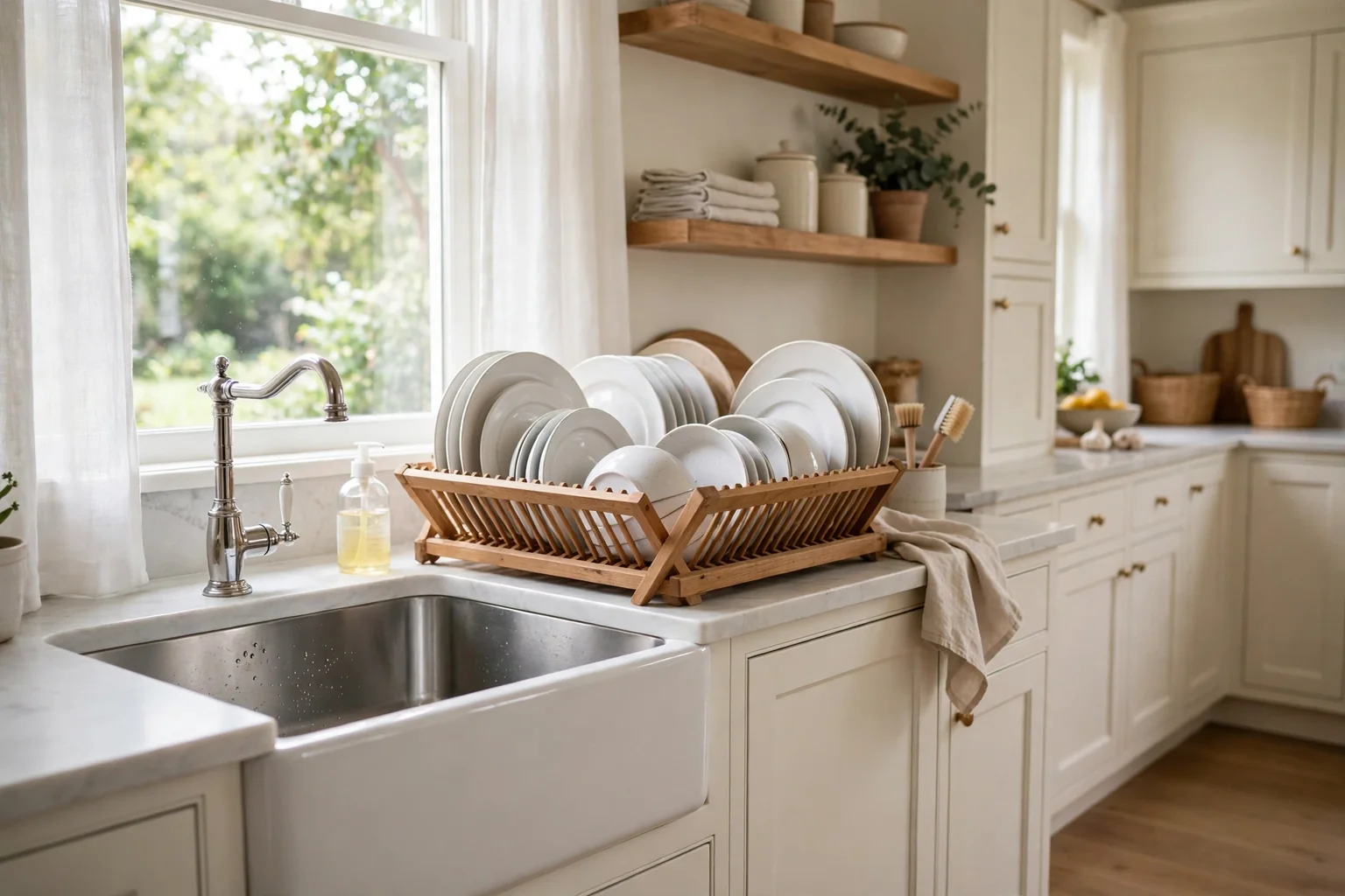 Wide bright kitchen with a wooden dish drying rack full of clean plates and bowls beside a farmhouse sink in soft daylight.