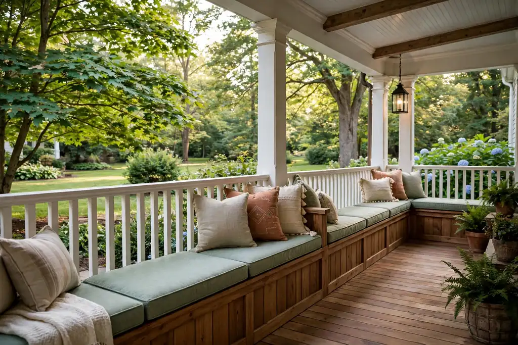 Built-in wood bench with cushions along the railing of a wrap around porch.