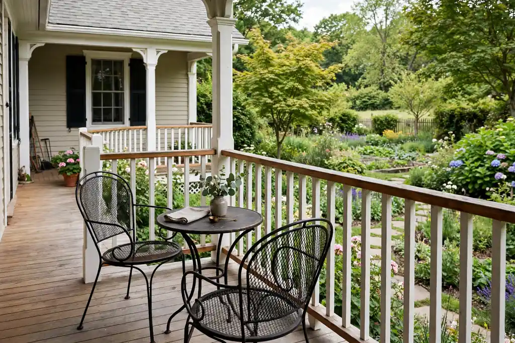 Small bistro table with two chairs on the side of a wrap around porch facing a garden.