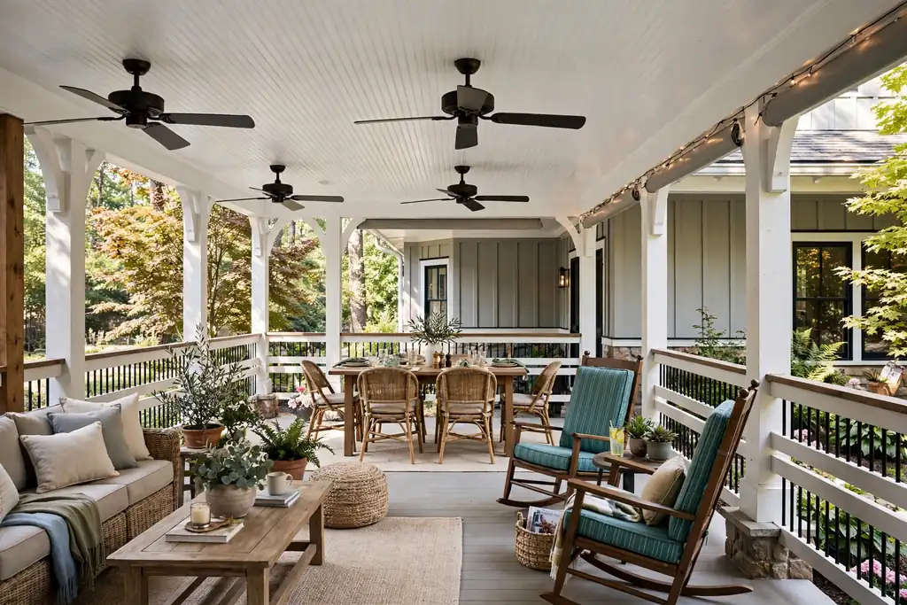 Ceiling fans over seating zones on a covered wrap around porch.