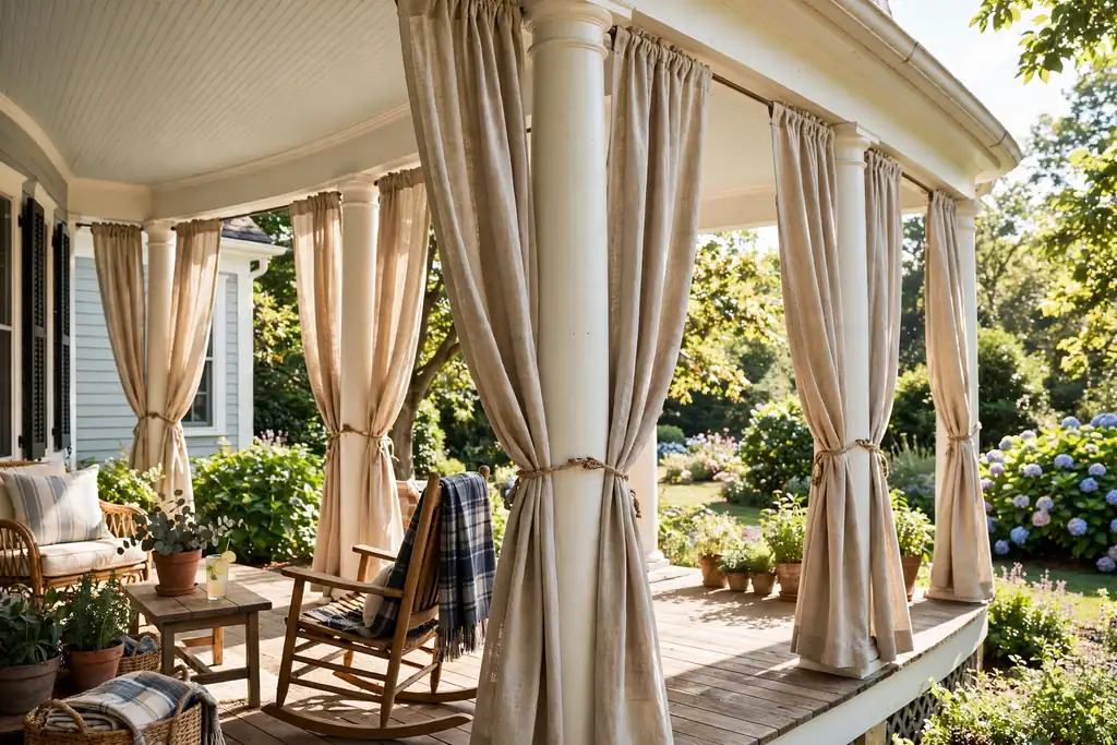 Outdoor curtains tied back along the sunny side of a wrap around porch.