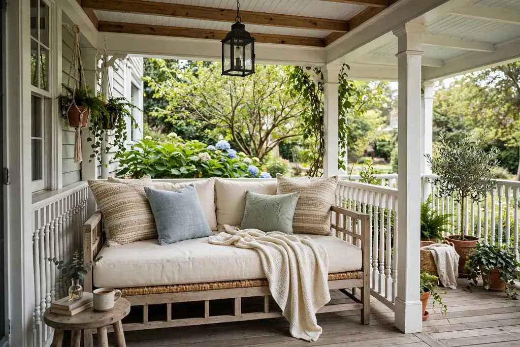 Porch daybed with pillows and a light throw in a covered corner of a wrap around porch.