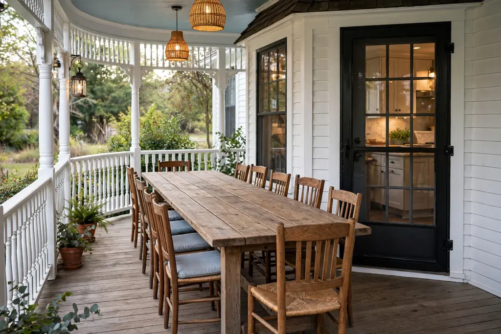 Long wooden dining table with chairs on a wrap around porch near a kitchen door.