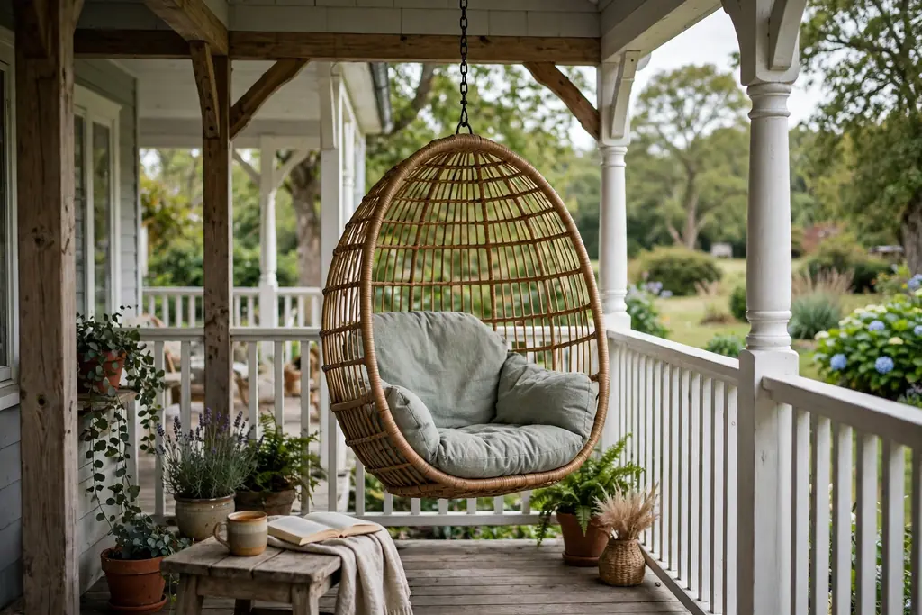 Hanging egg chair with a cushion at the quiet end of a wrap around porch.