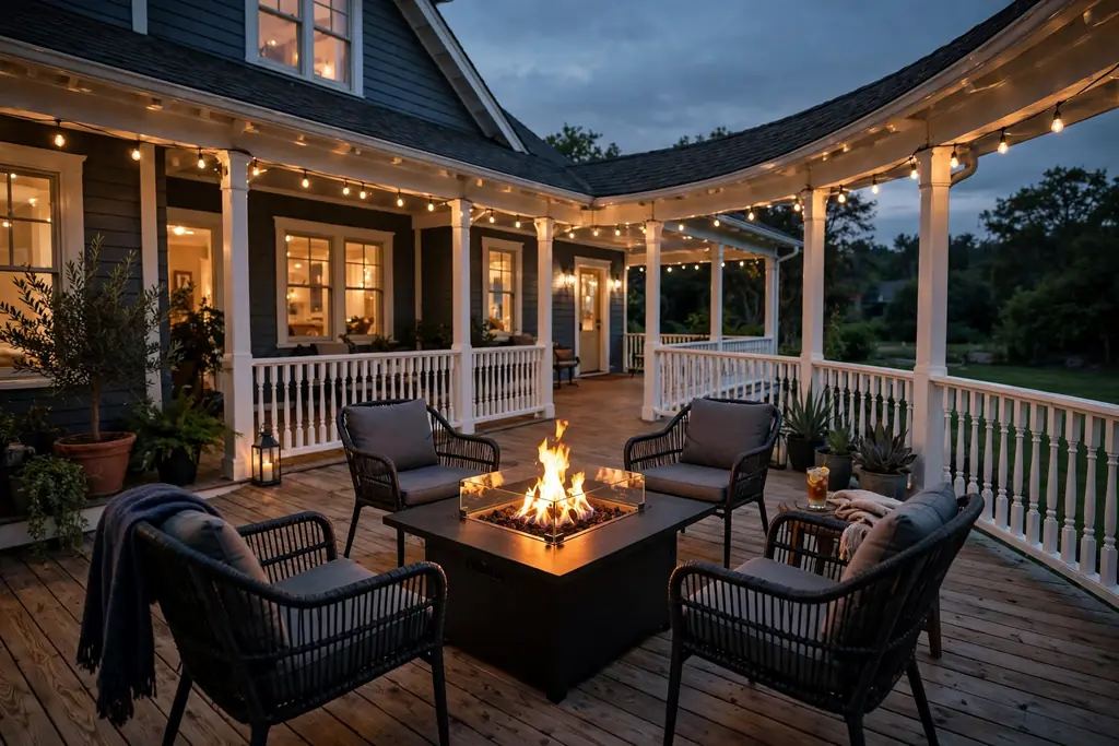 Fire table with four chairs on a wide stretch of a wrap around porch in the evening.