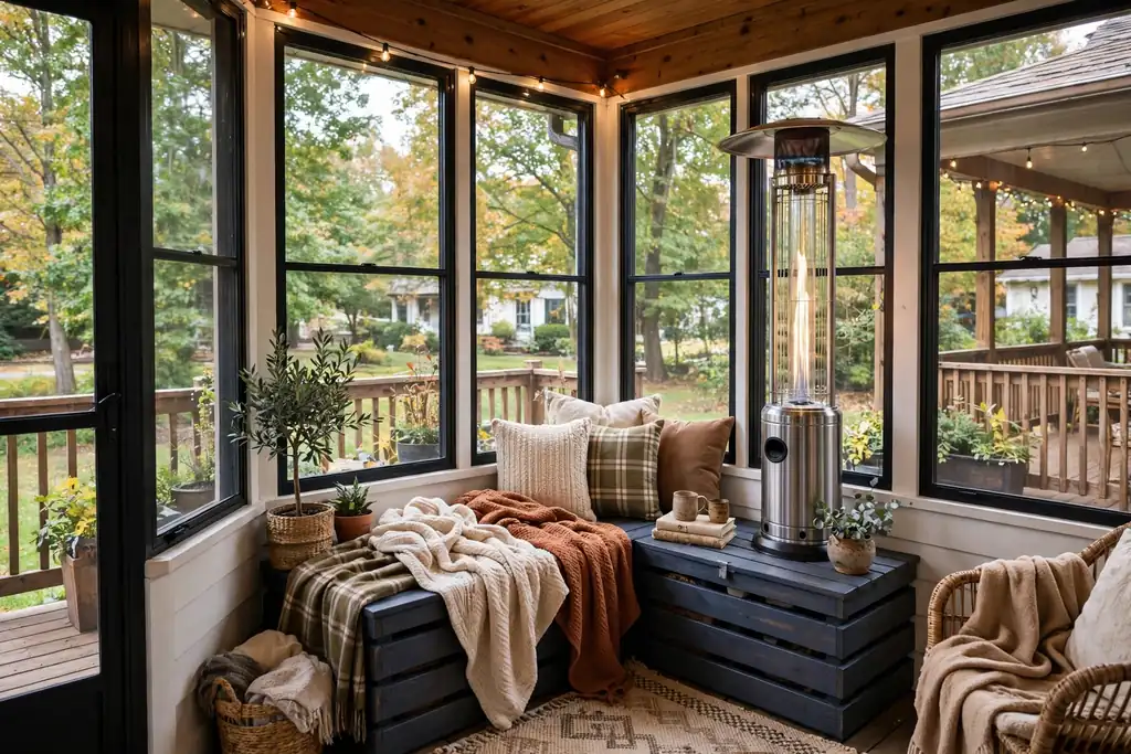 Sheltered four season porch corner with a heater, throws, and a storage bench on a wrap around porch.