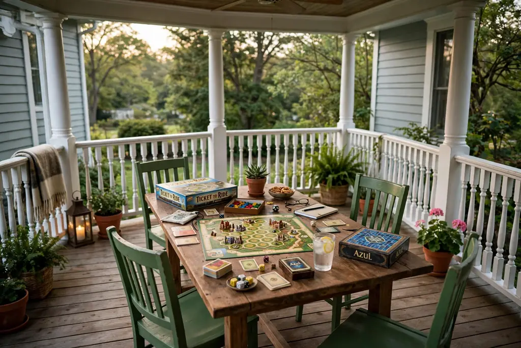 Games table with four chairs and board games on a wrap around porch.