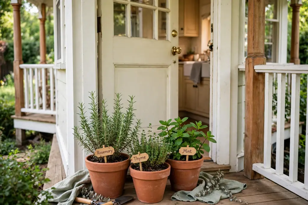 Herb pots with rosemary, thyme, and mint grouped by a kitchen door on a wrap around porch.