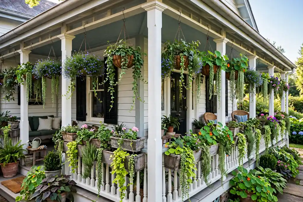 Planters and hanging baskets with trailing plants along the railing of a wrap around porch.