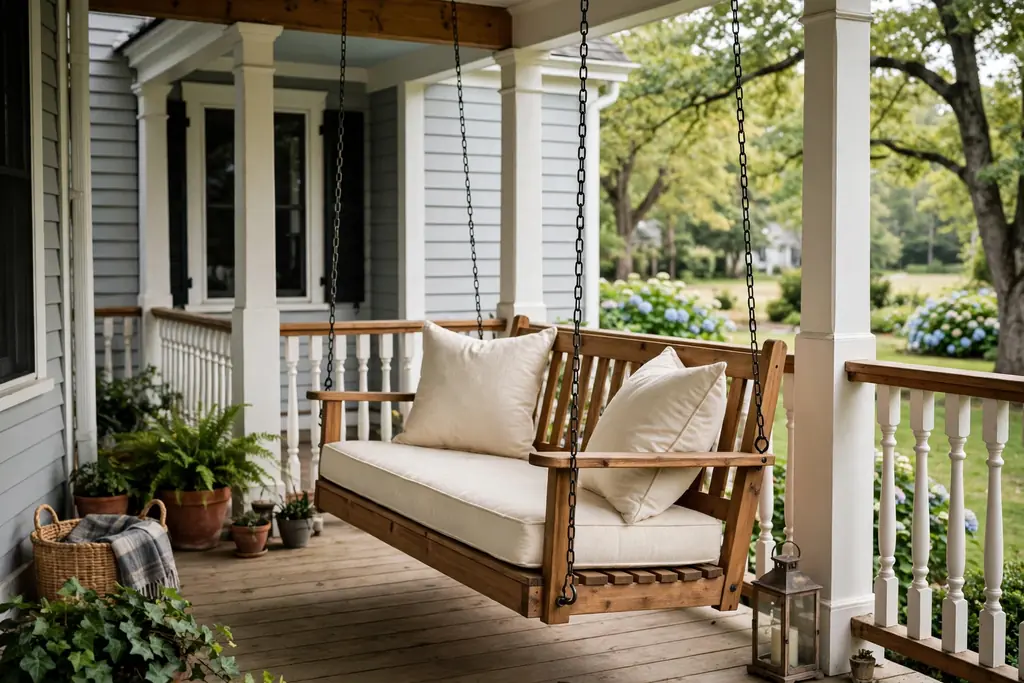 Wooden porch swing with cream cushions hanging on the long side of a wrap around porch.
