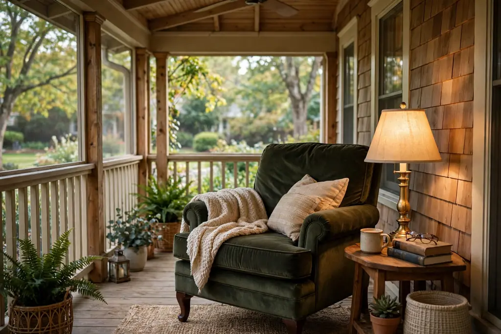 Deep reading chair with a lamp and side table in a sheltered corner of a wrap around porch.