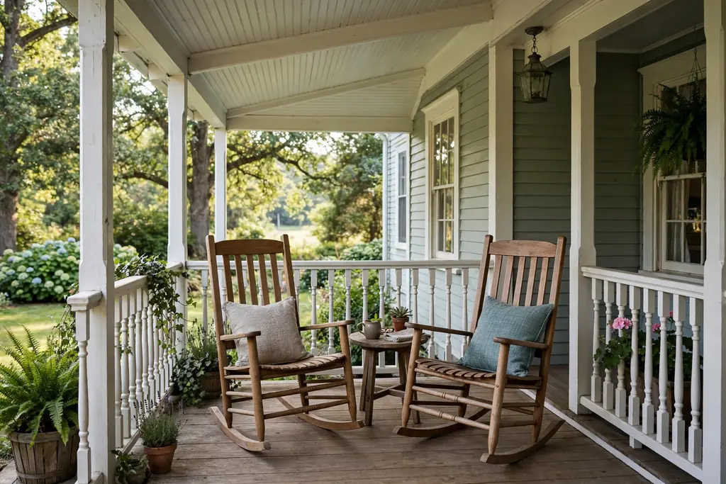Two rocking chairs at the corner bend of a wrap around porch with a small table between them.