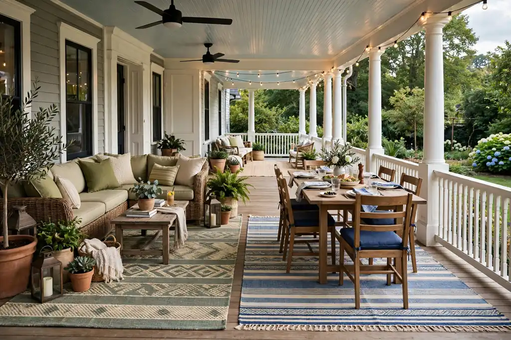 Outdoor rugs marking seating and dining zones on a long wrap around porch.