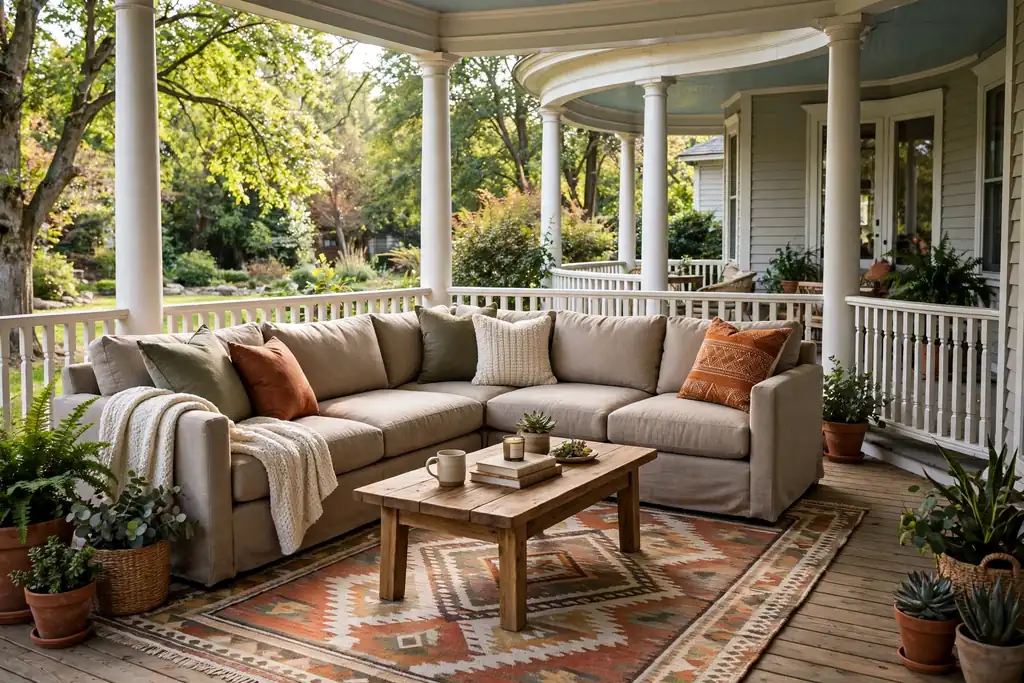 Outdoor sectional sofa with a coffee table on a rug on a wrap around porch.