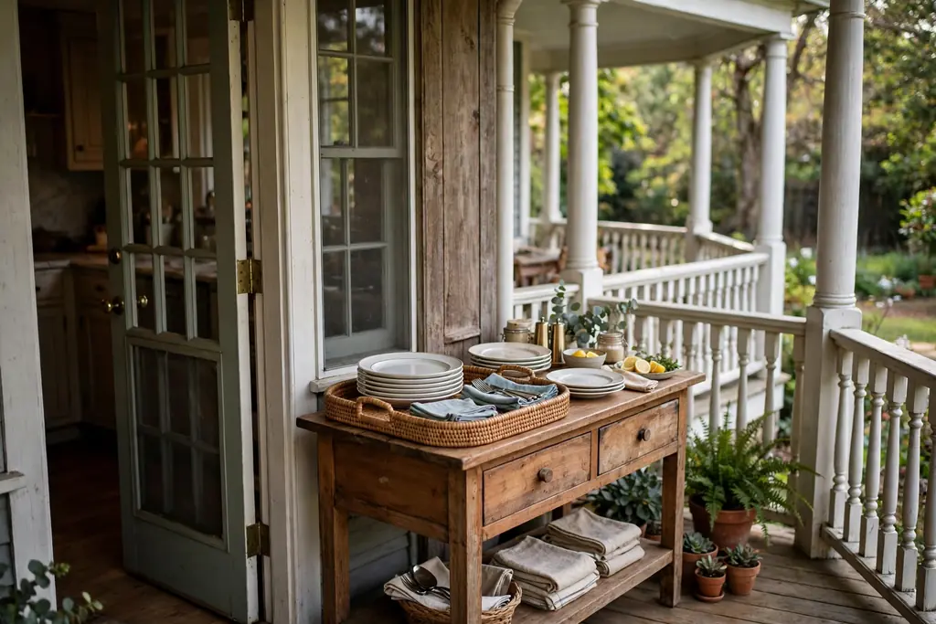 Serving station with a tray and plates beside the kitchen door on a wrap around porch.