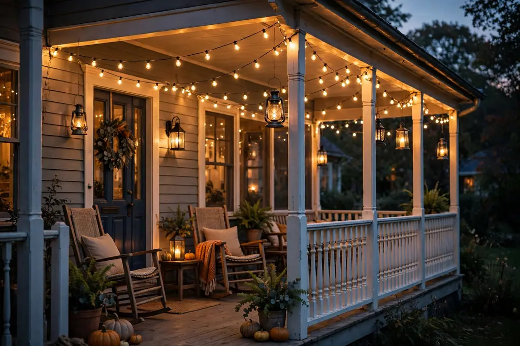 Warm string lights and lanterns on a wrap around porch at dusk.
