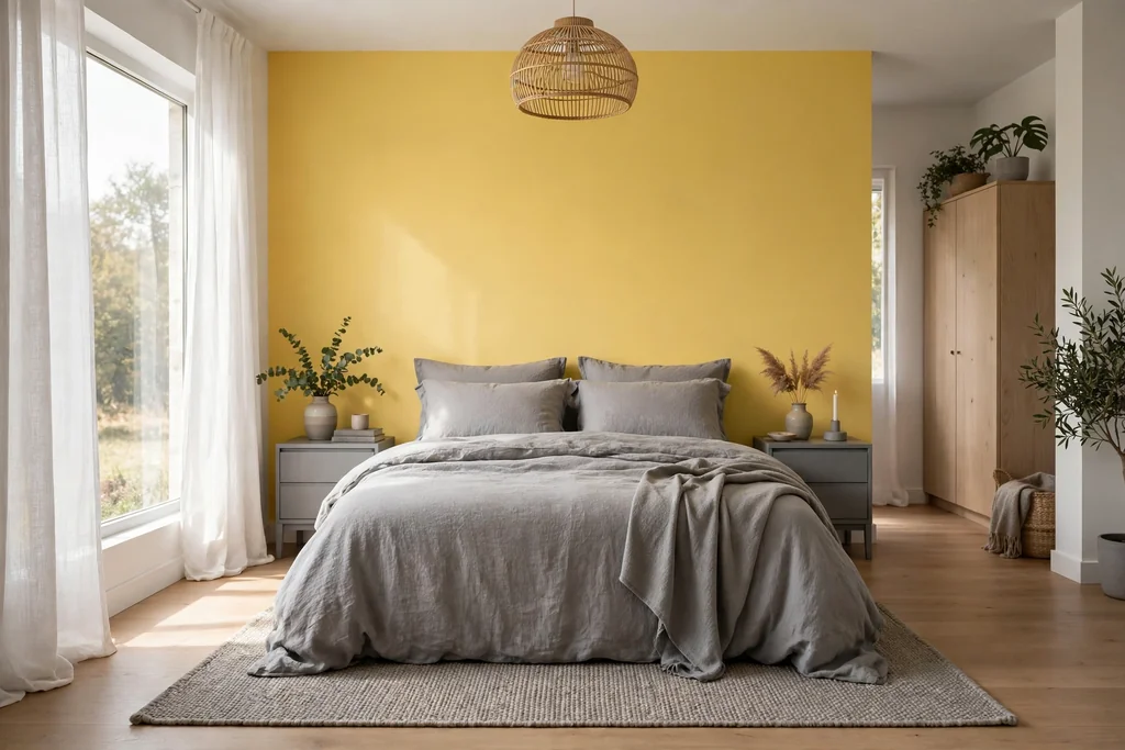 Bedroom with a sunny yellow accent wall behind a bed with grey bedding.