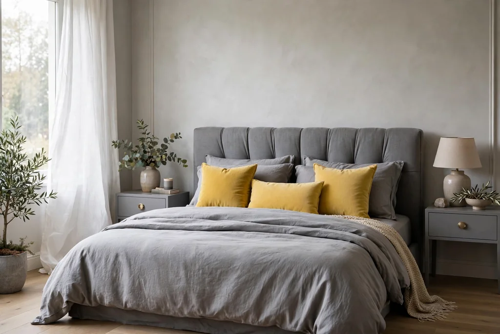 Bedroom with a grey upholstered headboard and yellow cushions on grey bedding.