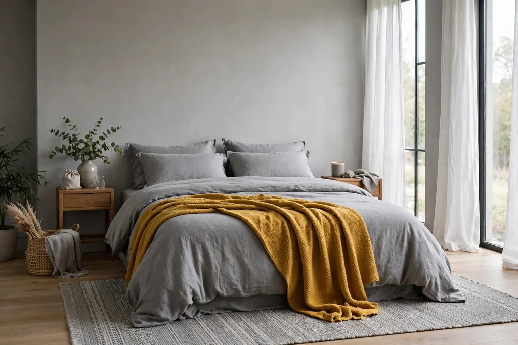 Bed with a mustard throw layered over grey sheets and a grey duvet.