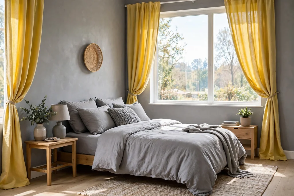 Bedroom with sunny yellow curtains on soft grey walls and grey bedding.
