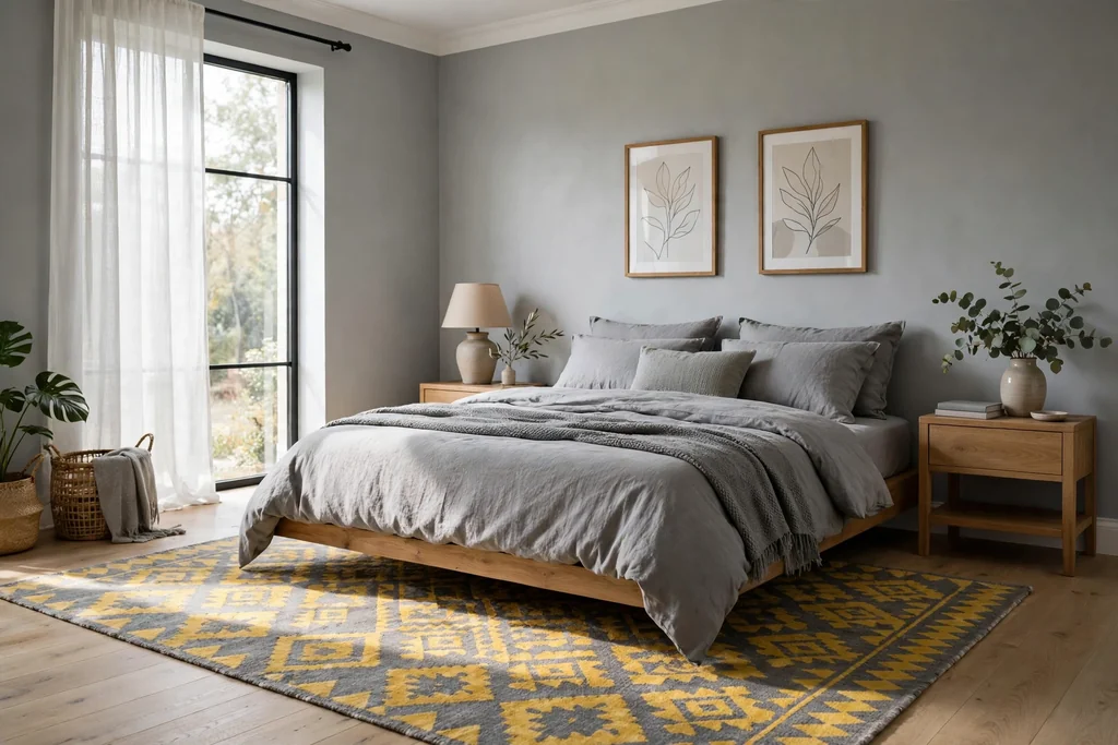 Bedroom with a yellow and grey patterned rug under the lower half of a bed.