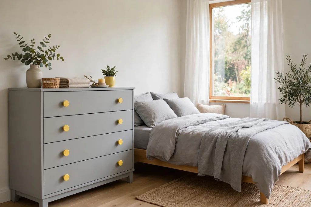 Bedroom dresser painted soft grey with yellow drawer pulls.
