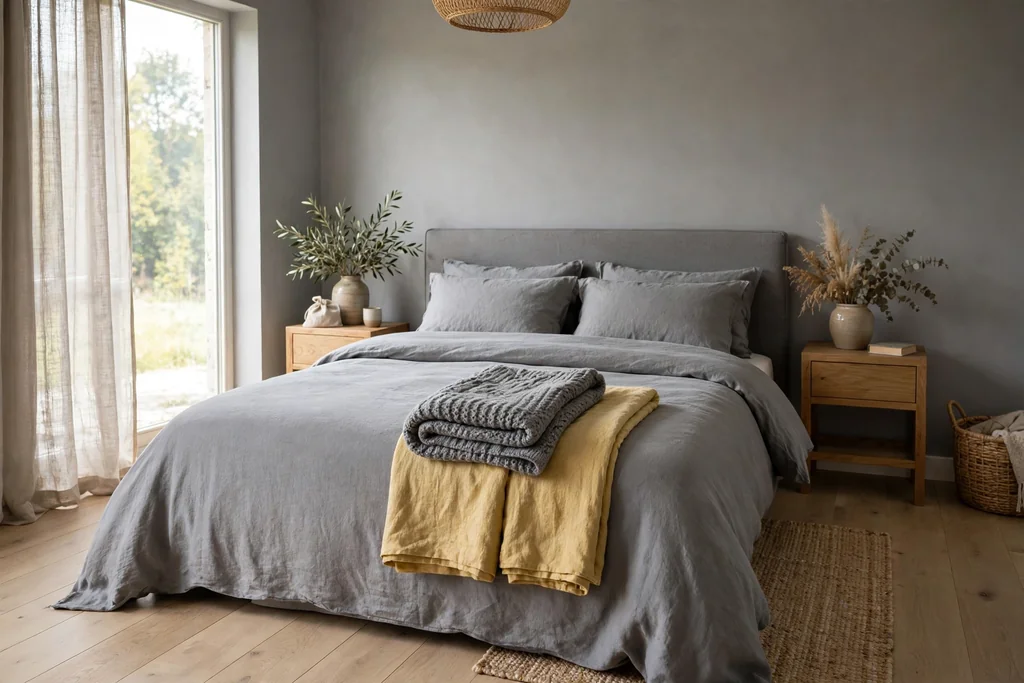 Bed with a grey knit throw and a yellow linen throw folded at the foot.