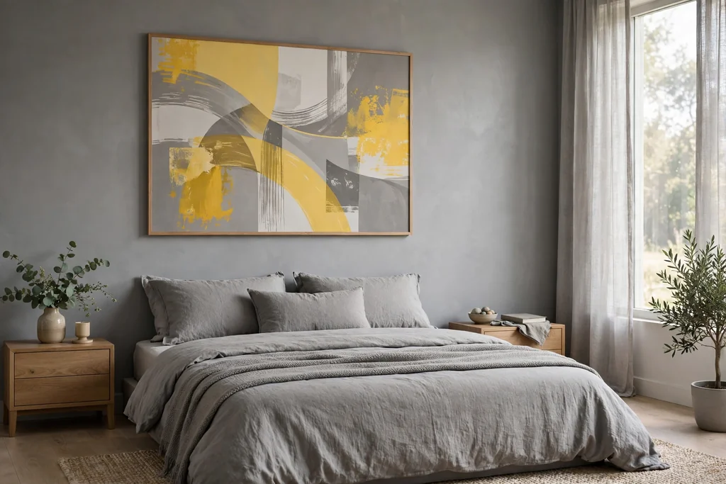 Bedroom with one large yellow and grey abstract print above a bed.