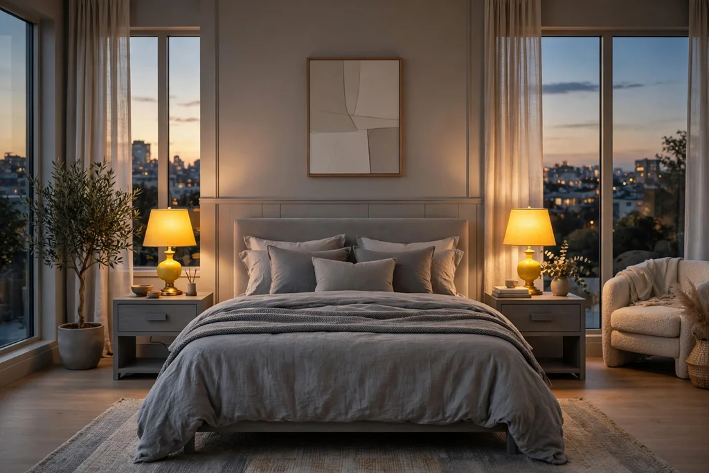 Bedroom with grey nightstands and yellow table lamps on both sides of a bed.