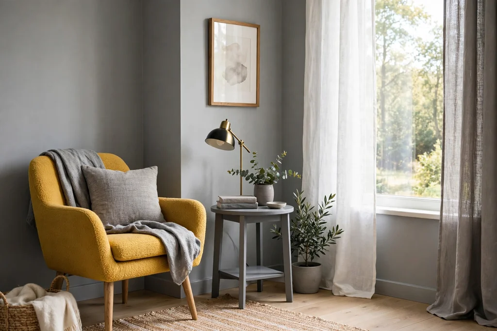 Bedroom corner with a yellow accent chair and a small grey side table.