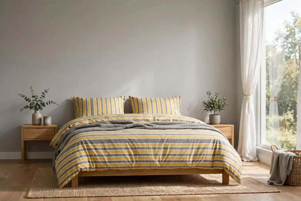 Bed with yellow and grey striped bedding and plain grey walls.