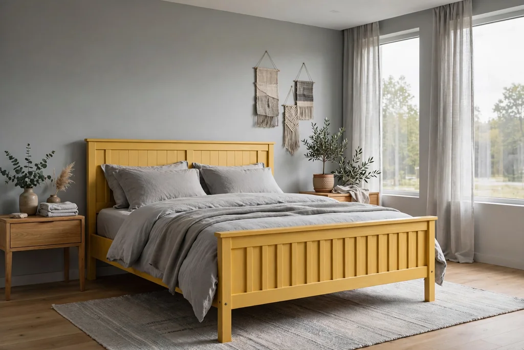 Bedroom with a warm yellow painted bed frame and soft grey bedding.