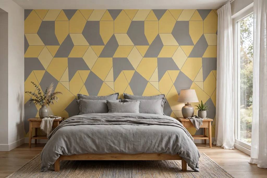 Bedroom bed wall with yellow and grey geometric wallpaper and grey bedding.
