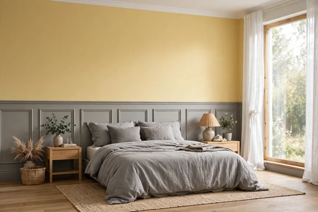 Bedroom wall with grey wainscot panels below and butter yellow paint above.