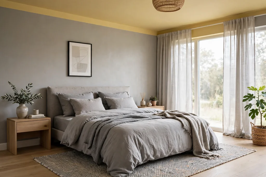 Bedroom with a butter yellow painted ceiling and soft grey walls.