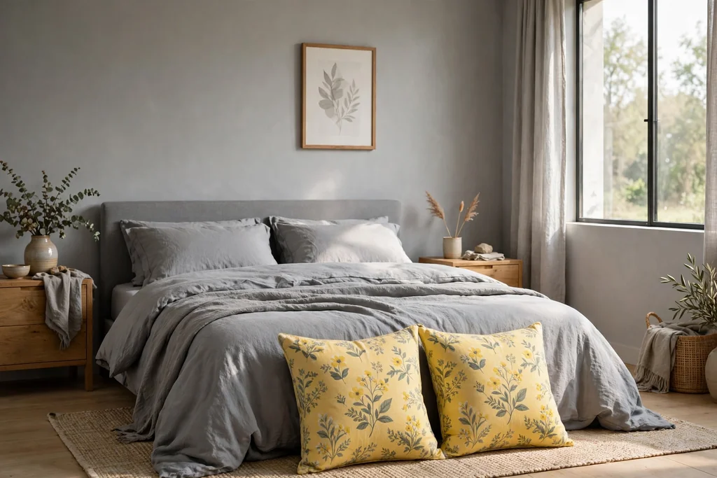 Bed with soft grey bedding and yellow floral cushions at the front.