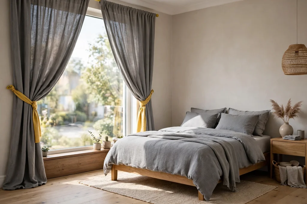 Bedroom window with grey curtains pulled back by yellow tiebacks.