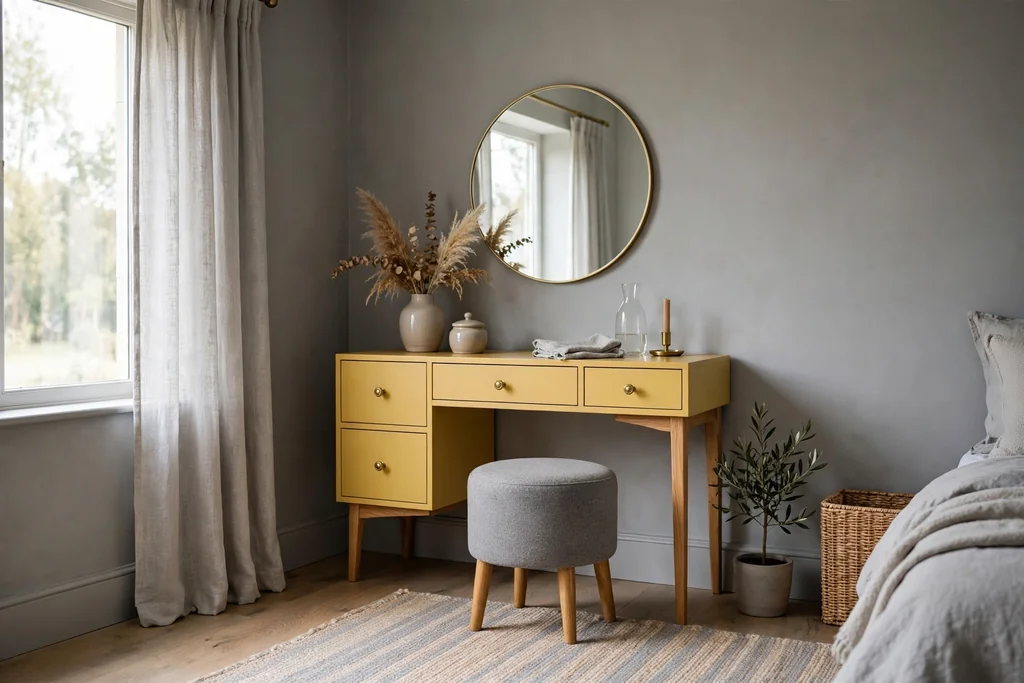 Bedroom corner with a yellow dressing table and a grey upholstered stool.